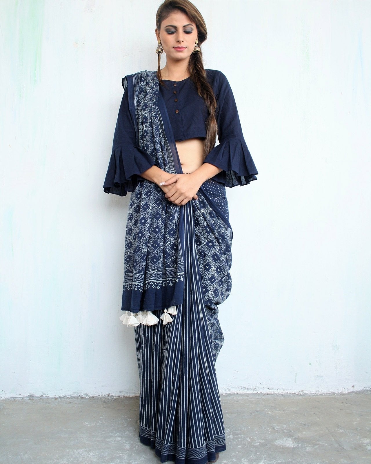 Blue Block Printed Cotton Mul Saree