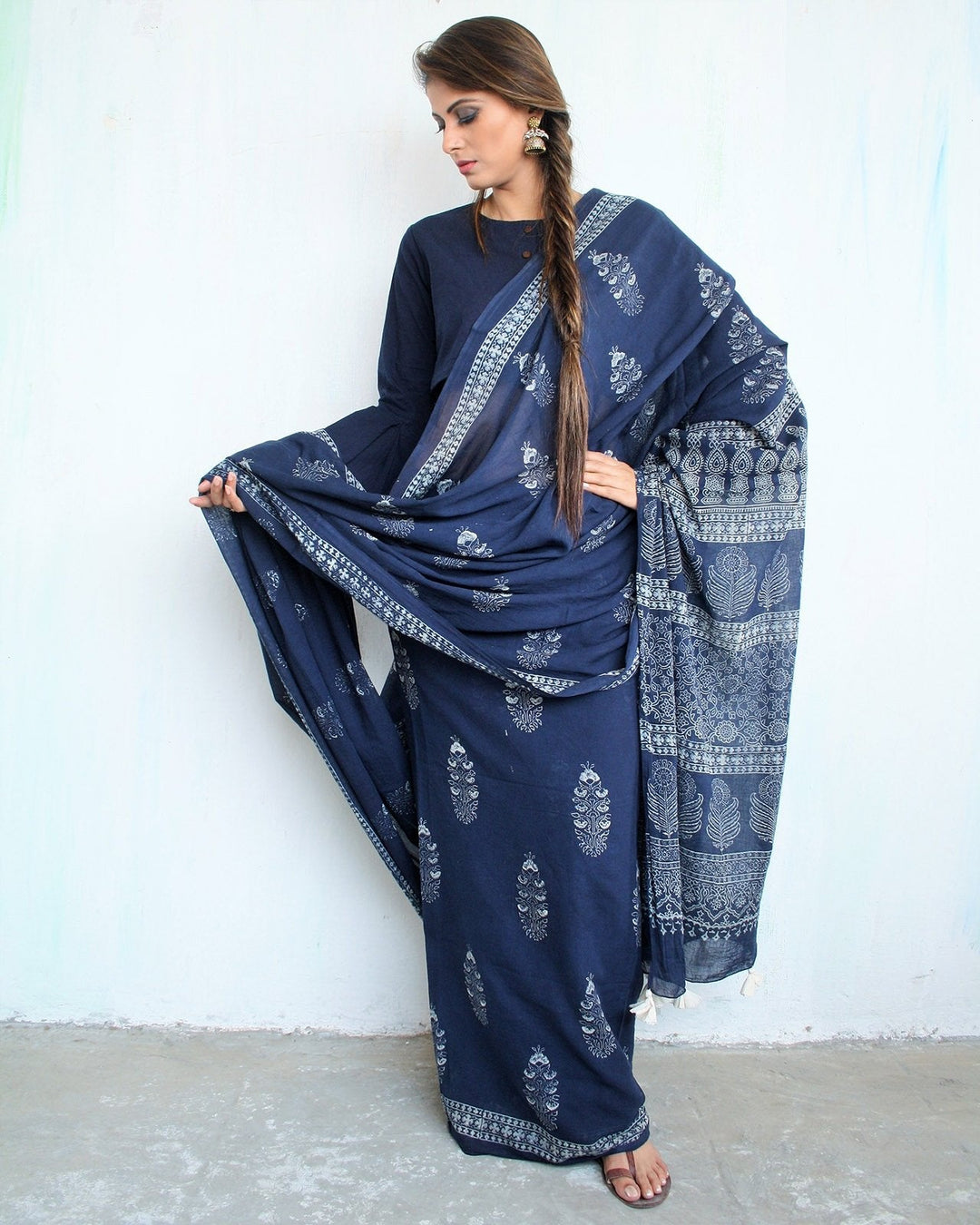 Blue Block Printed Cotton Mul Saree