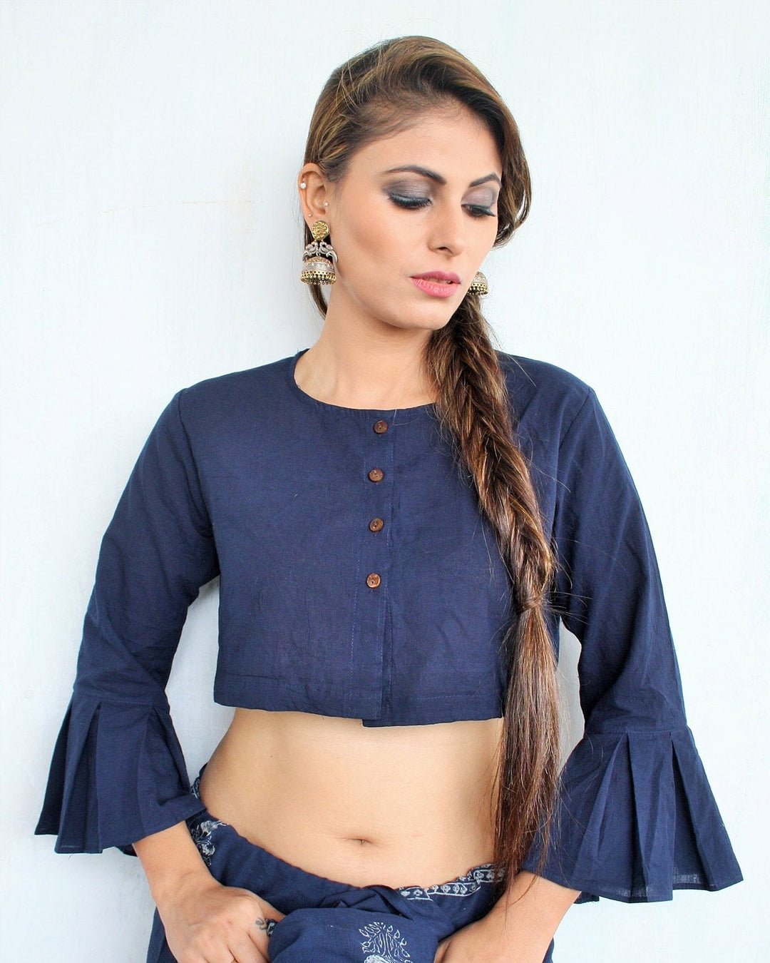 BLUE CROP TOP BLOUSE WITH BELL SLEEVES