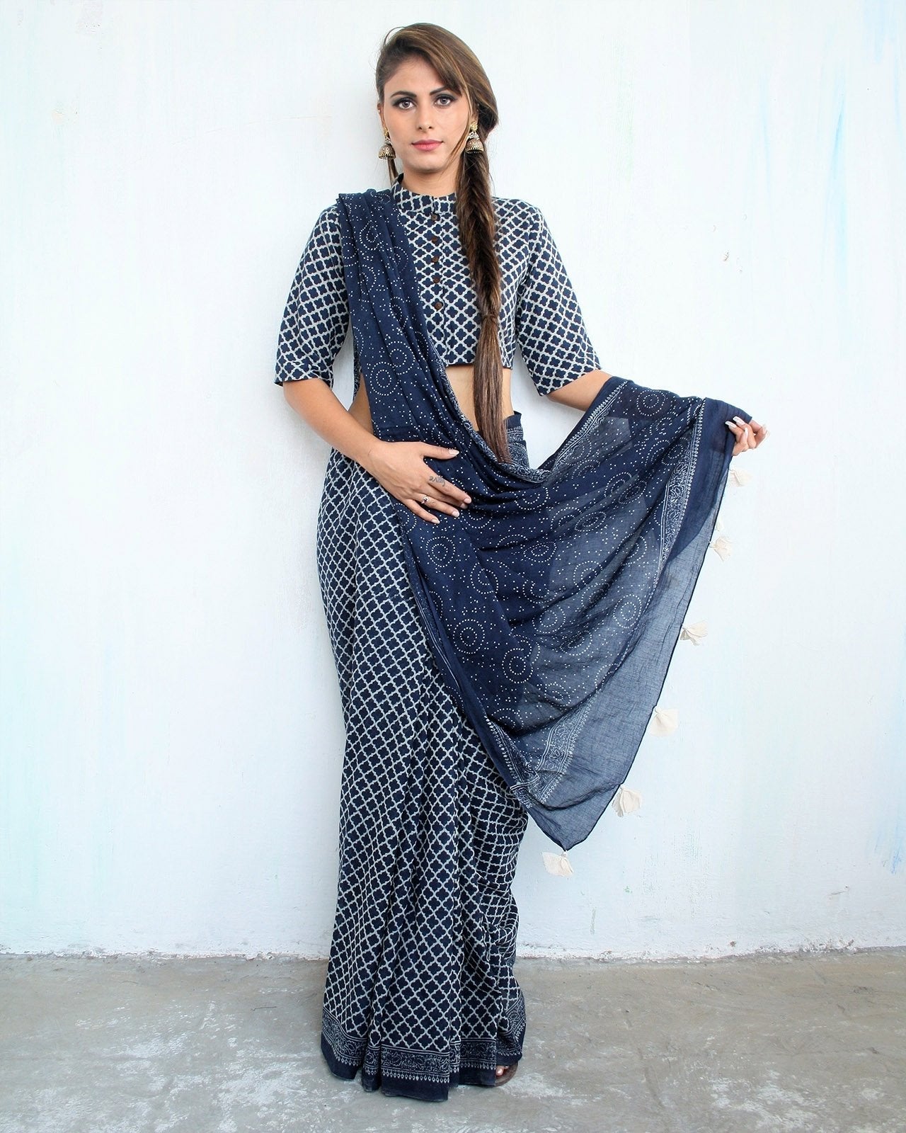 Blue Block Printed Cotton Mul Saree