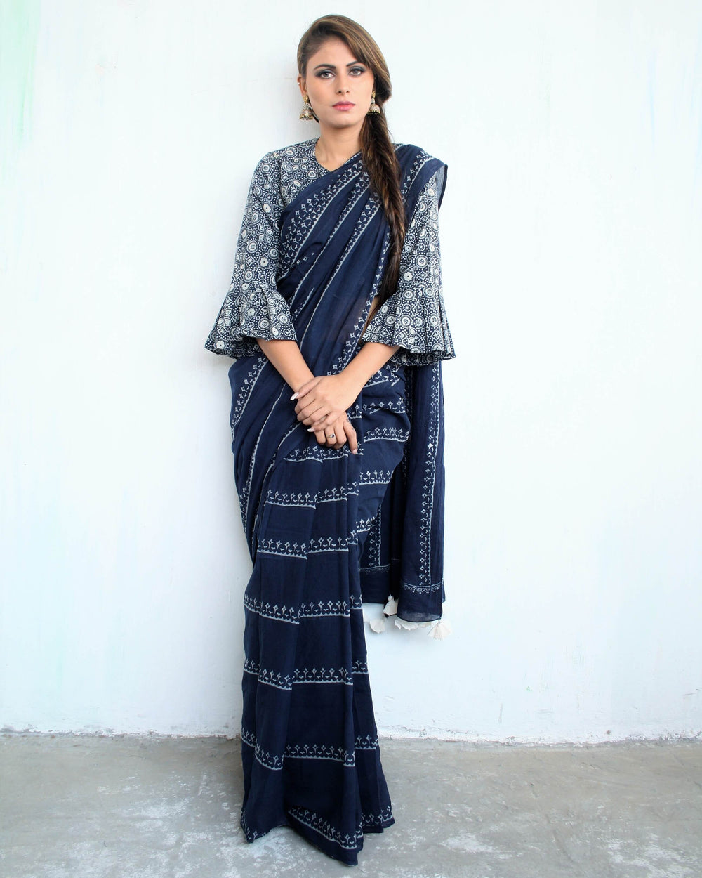 Blue Block Printed Cotton Mul Saree