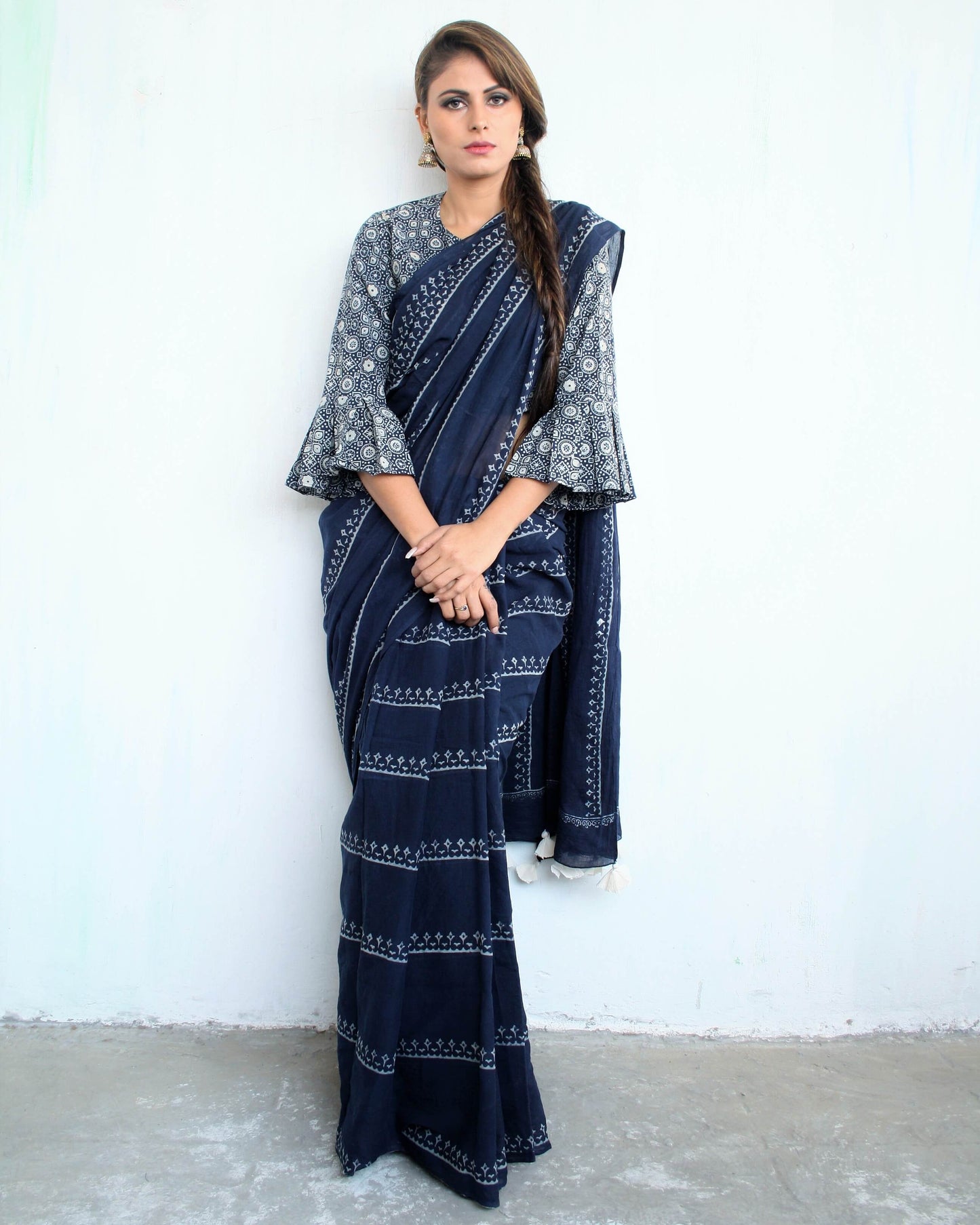Blue Block Printed Cotton Mul Saree