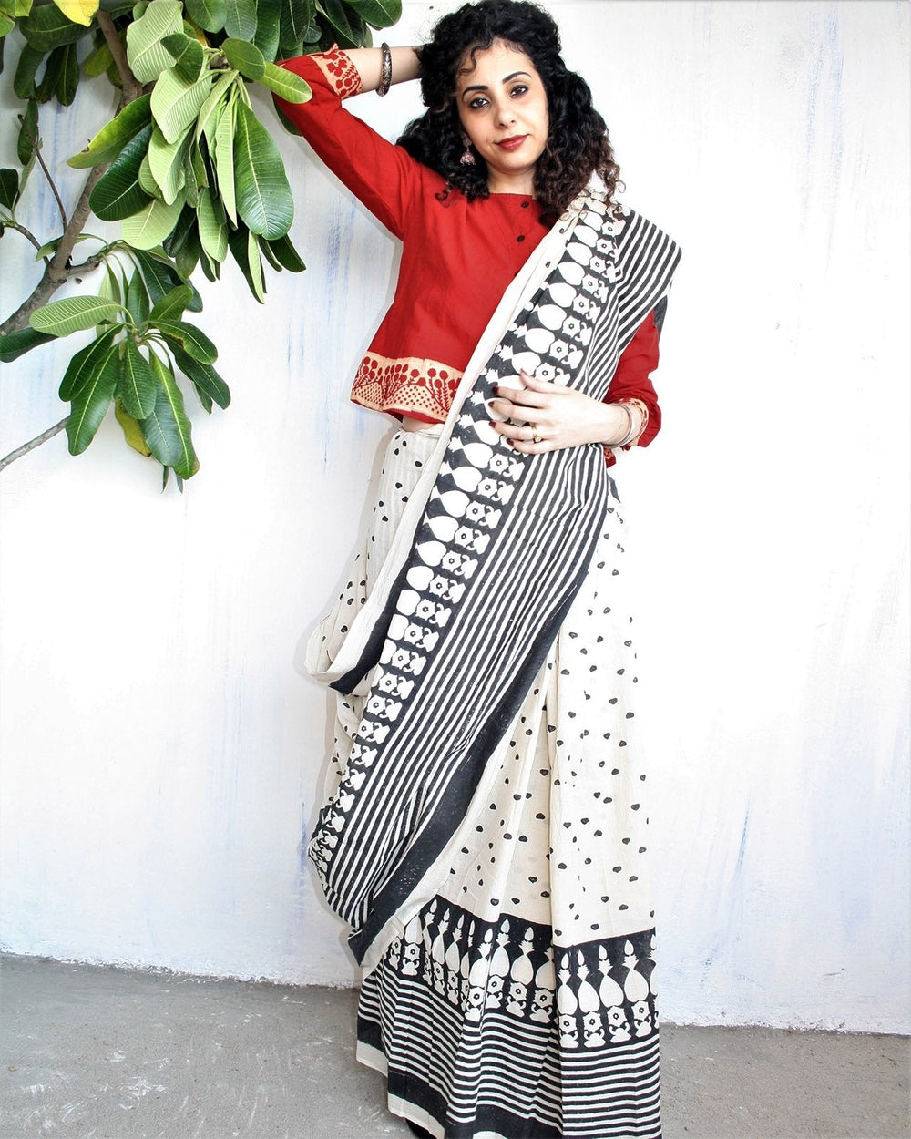 Ivory Black Block Printed Cotton Mul Saree