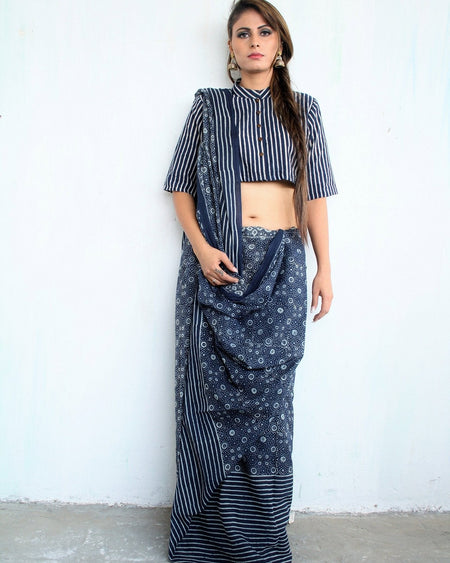 Blue Block Printed Cotton Mul Saree