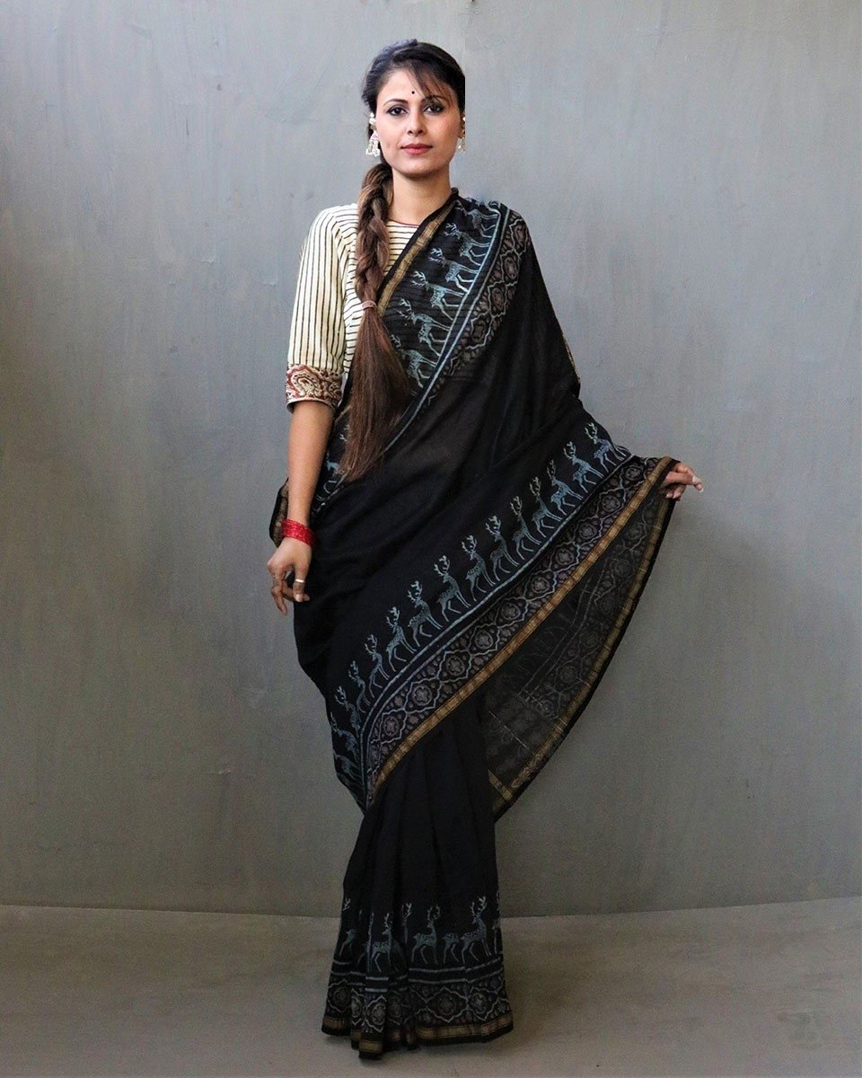 Black Block Printed Chanderi Silk Saree
