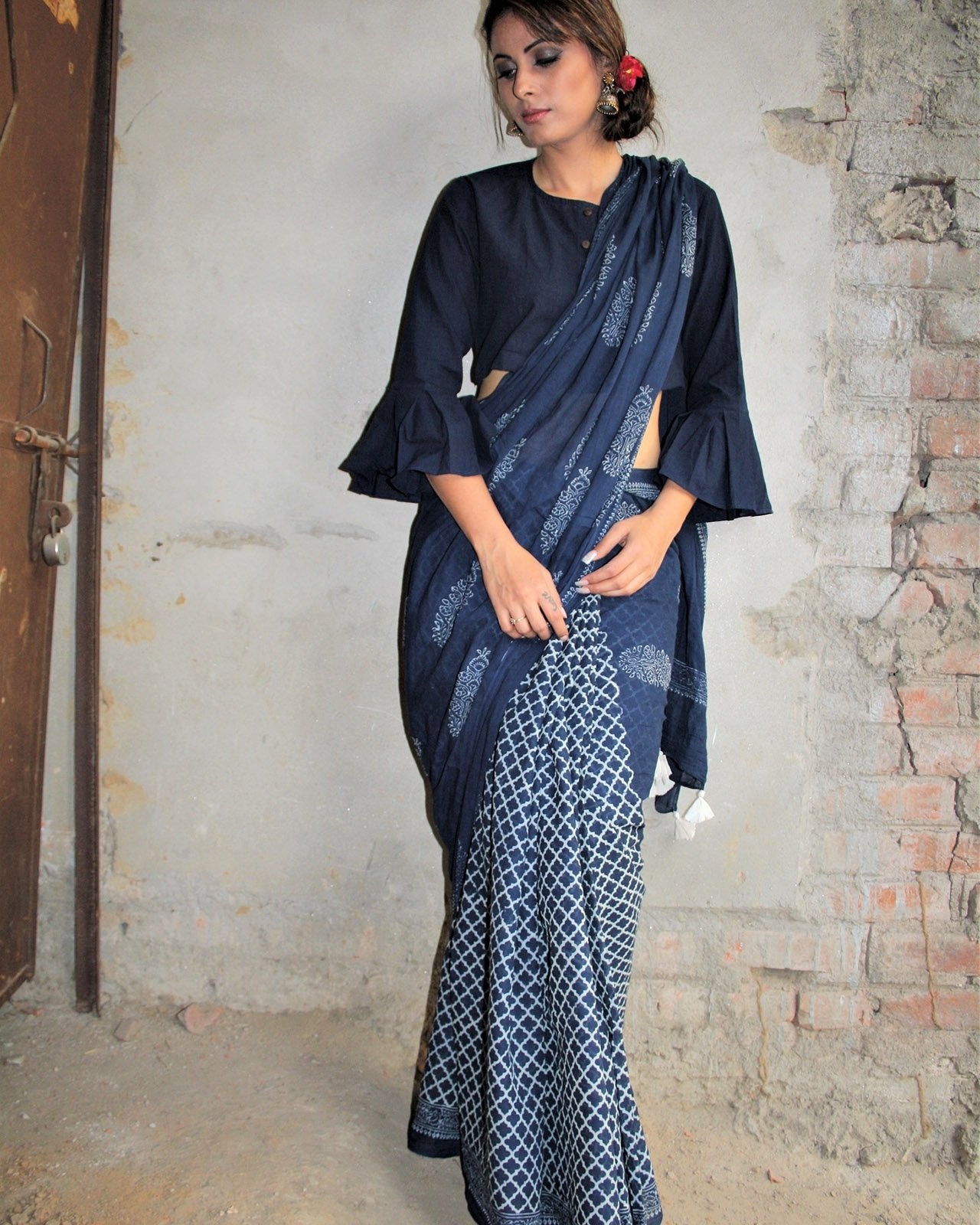Blue Block Printed Cotton Mul Saree