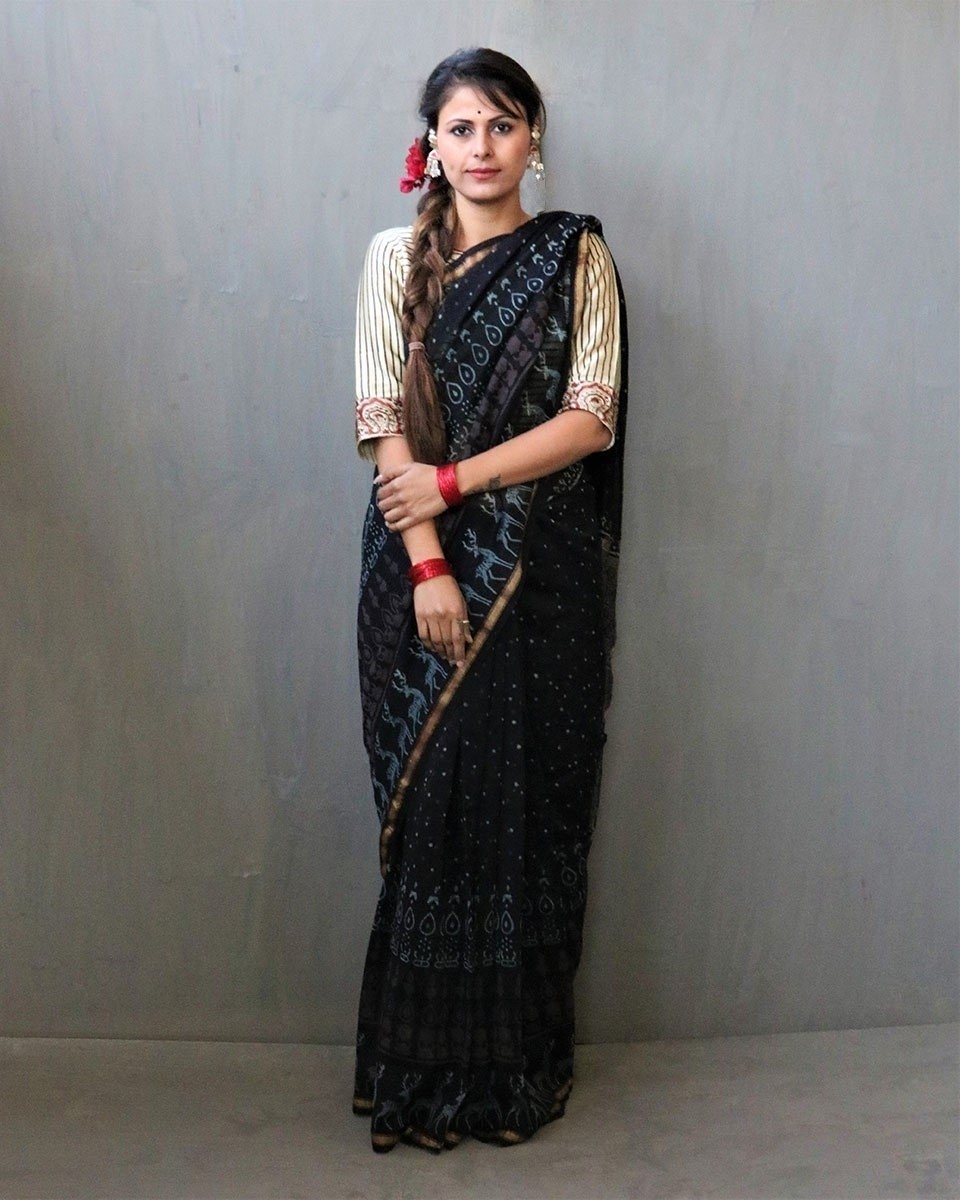 Black Block Printed Chanderi Silk Saree