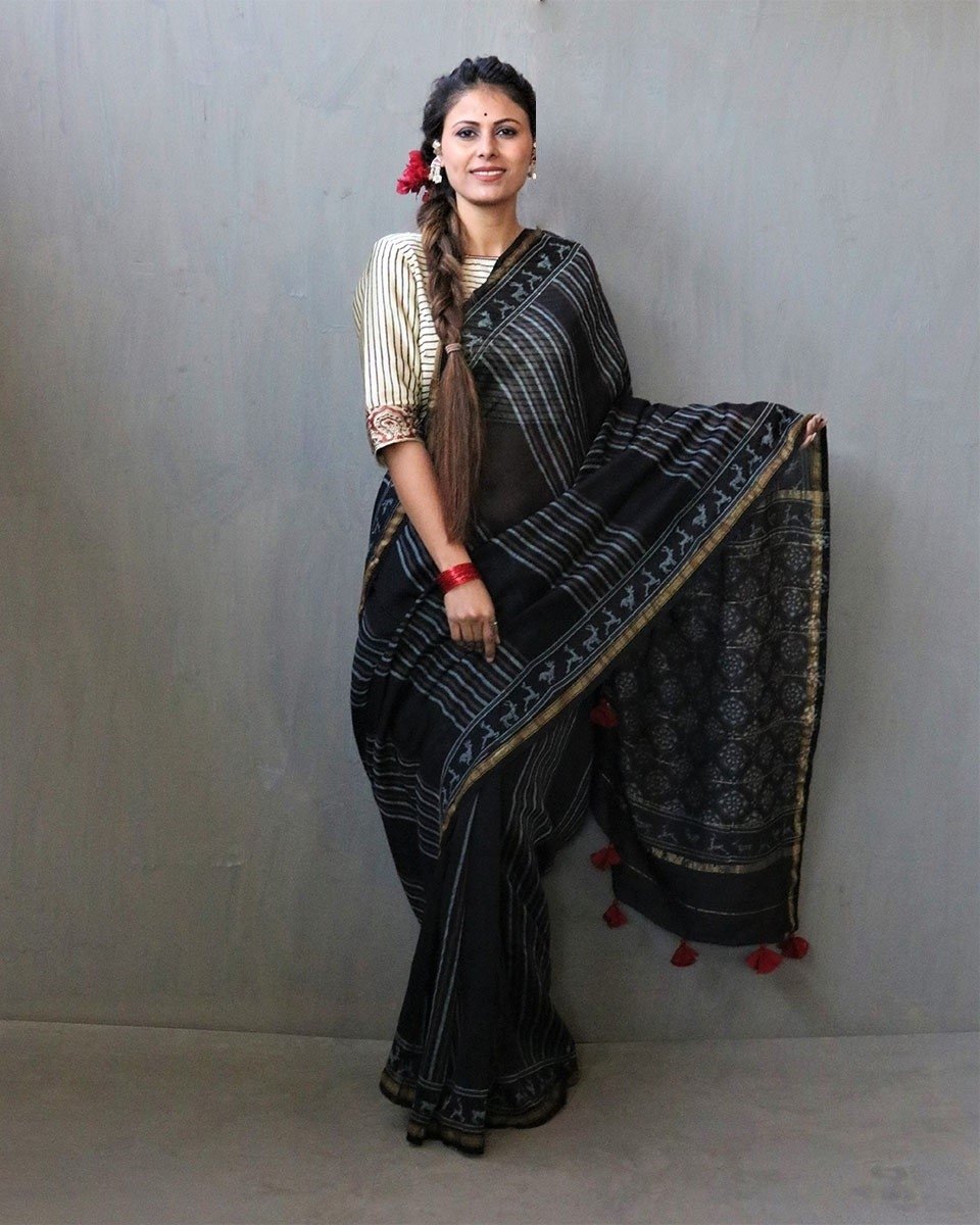 Black Block Printed Chanderi Silk Saree
