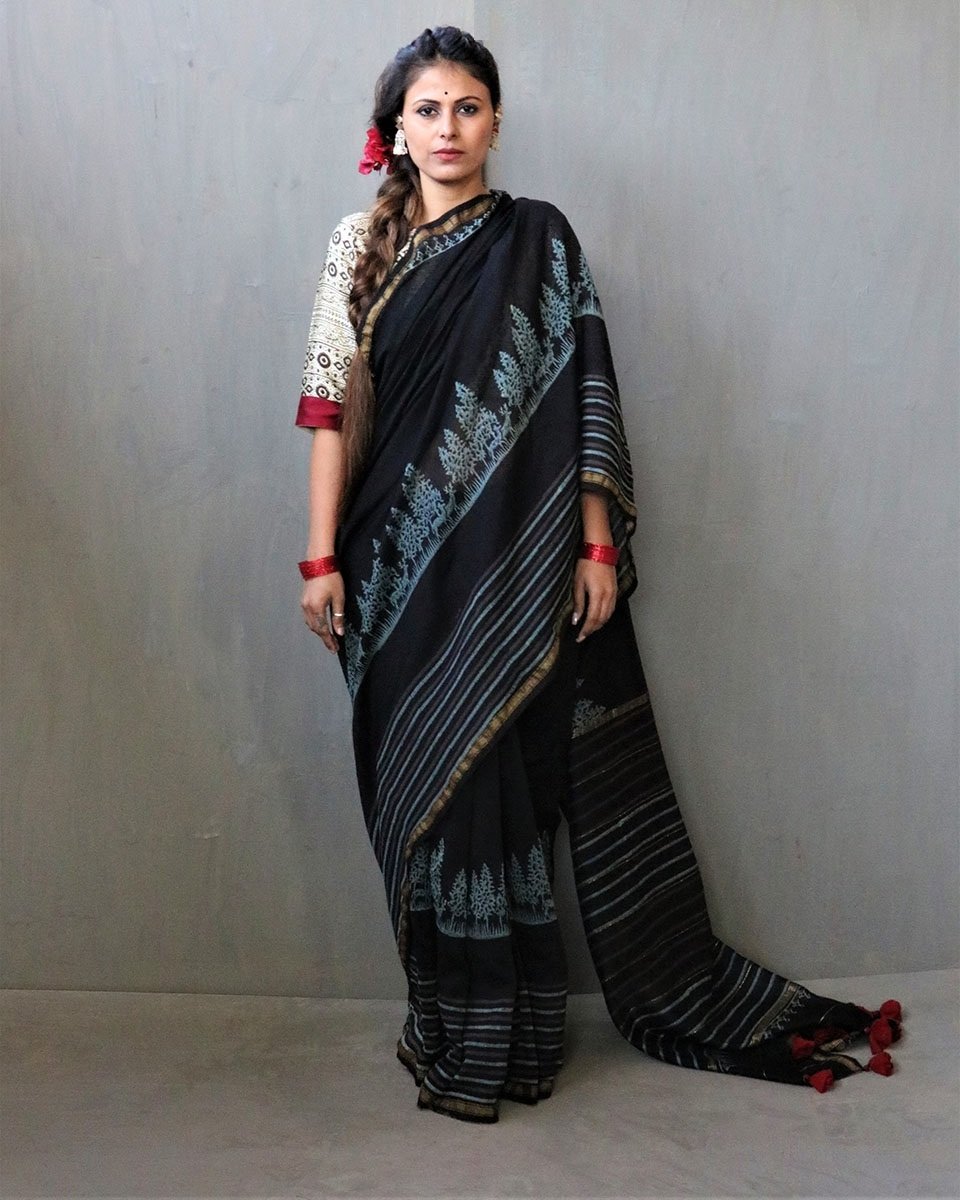 Black Block Printed Chanderi Silk Saree