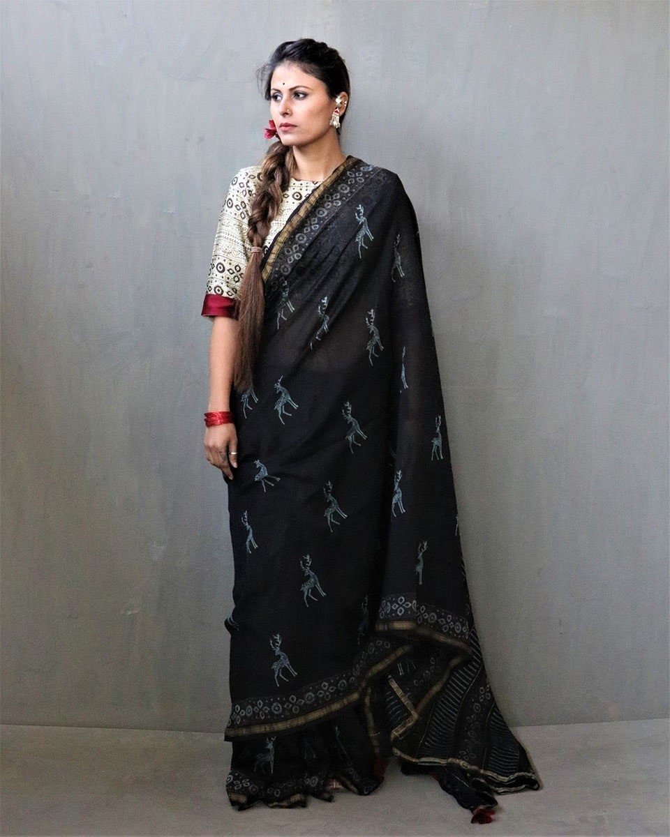 Black Block Printed Chanderi Silk Saree