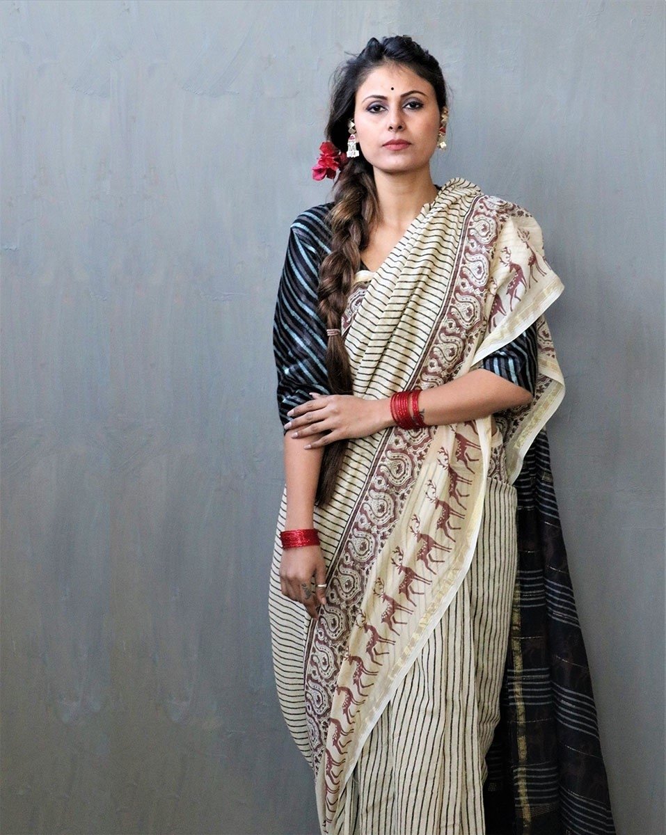 Cream-Black Block Printed Chanderi Silk Saree