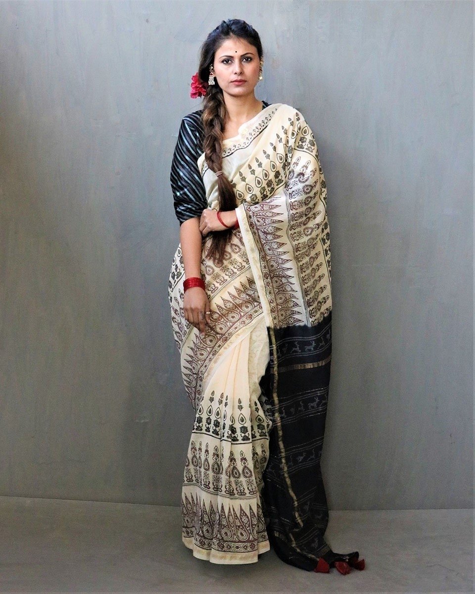 Cream-Black Block Printed Chanderi Silk Saree