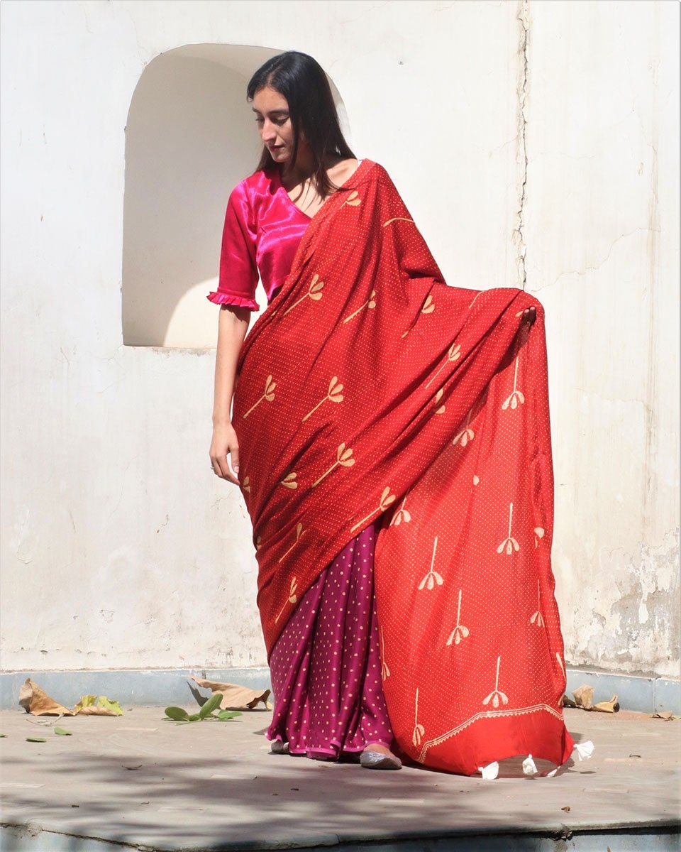 Chidiyaa Red Modal Silk Saree with Unstitched Blouse