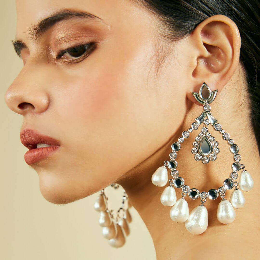 Elongated Crystal Pearl Earrings - Isharya | Modern Indian Jewelry