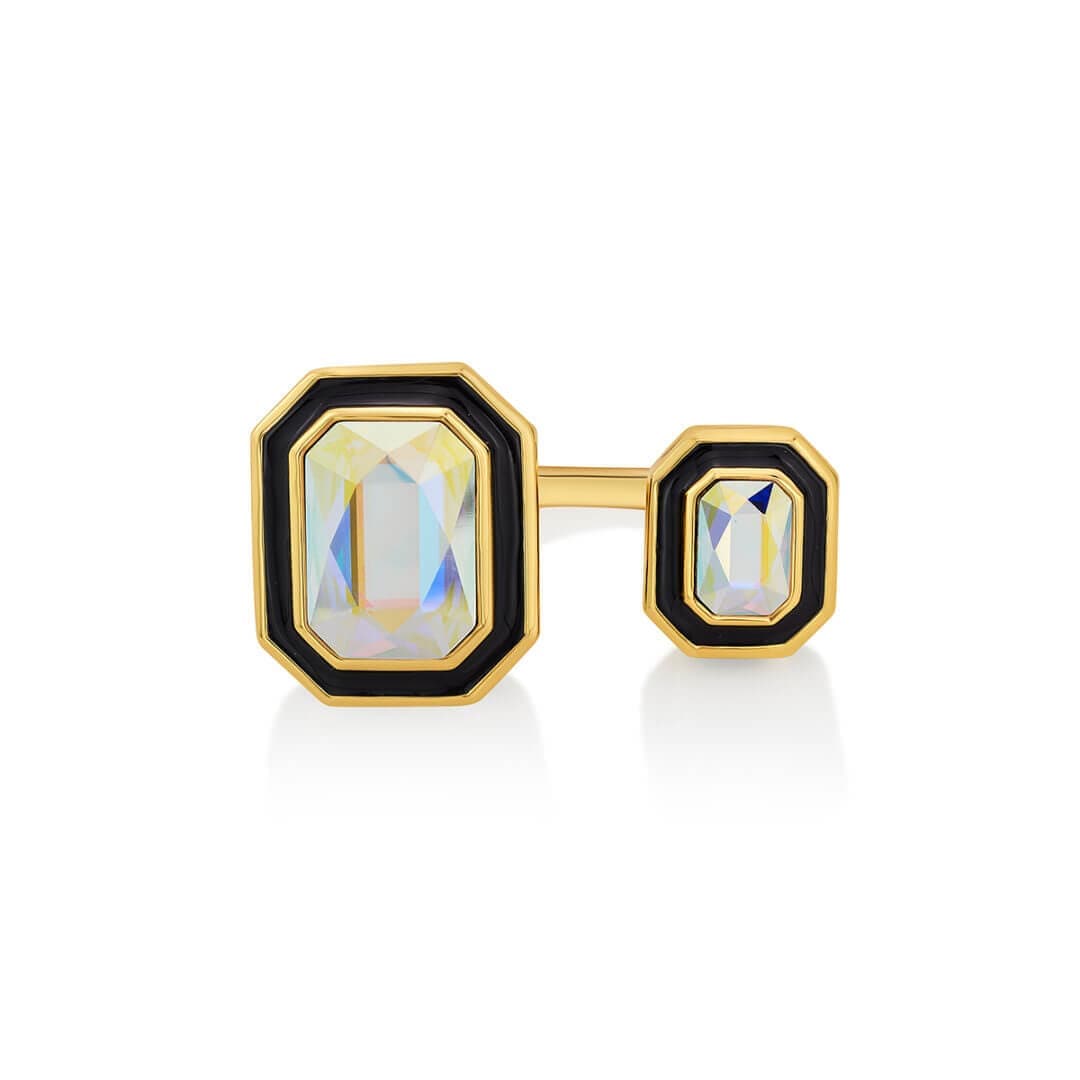 Meraki Black Enamel Two Stone Ring - Isharya | Modern Indian Jewelry