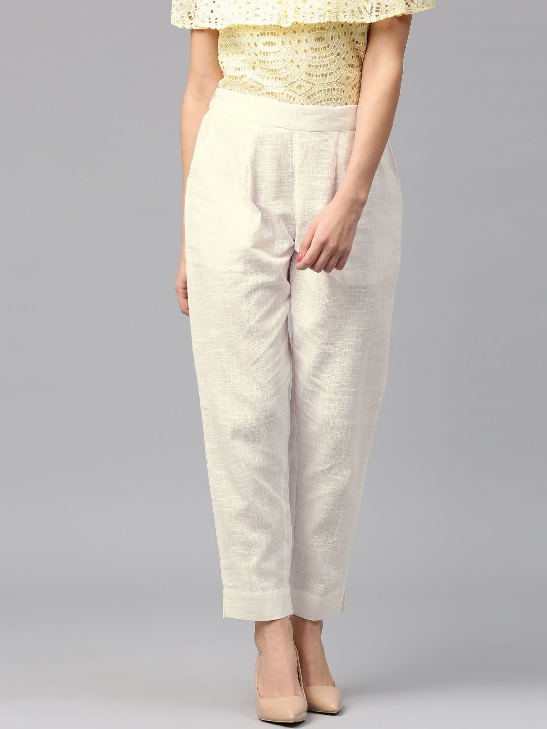 Buy White Color Slub Cotton Solid Pants