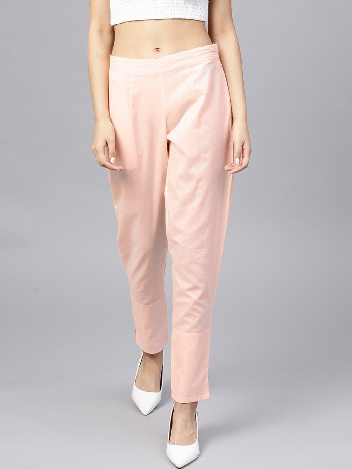 Peach Solid Straight Cotton Cambric Pants
