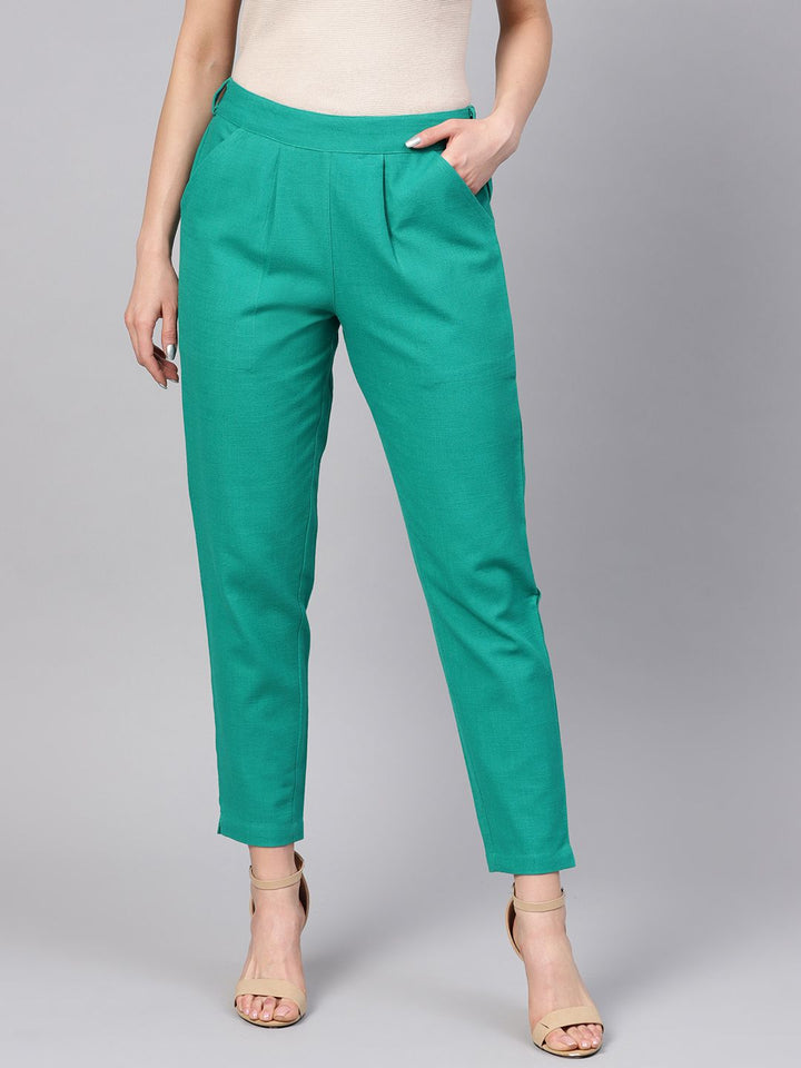 Shop Aqua Green Solid Straight Cotton Slub Trouser