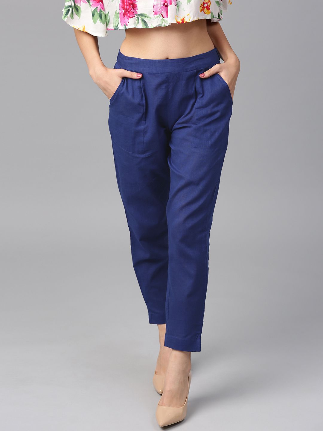 Shop Blue Color Slub Cotton Solid Pants