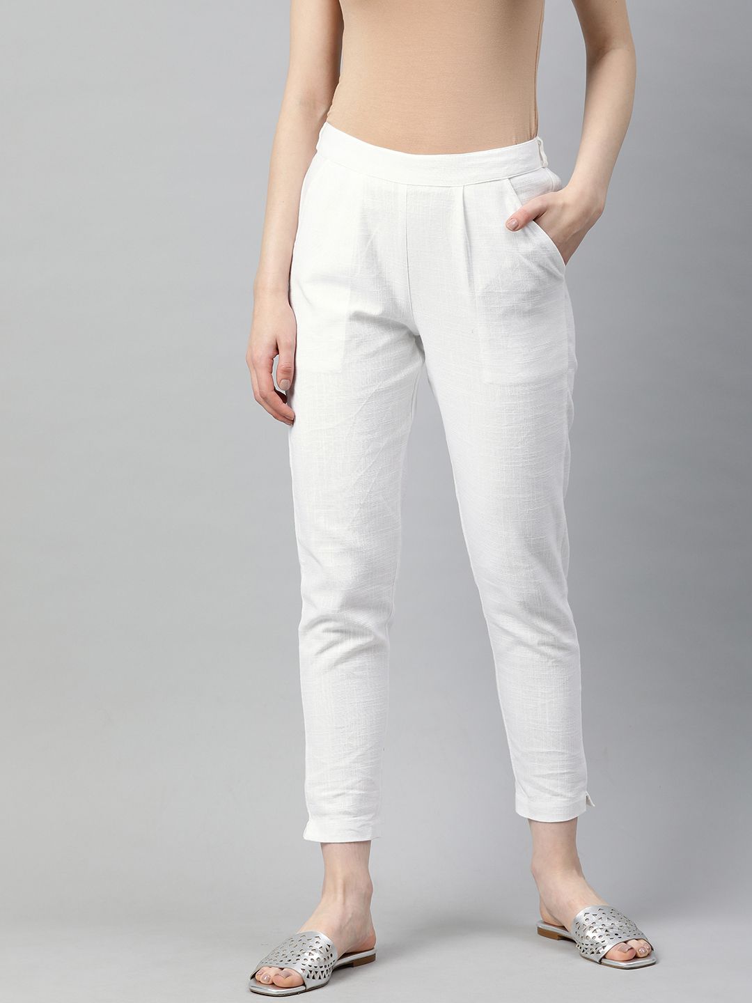 Shop White Solid Cotton Slub Regular Pants