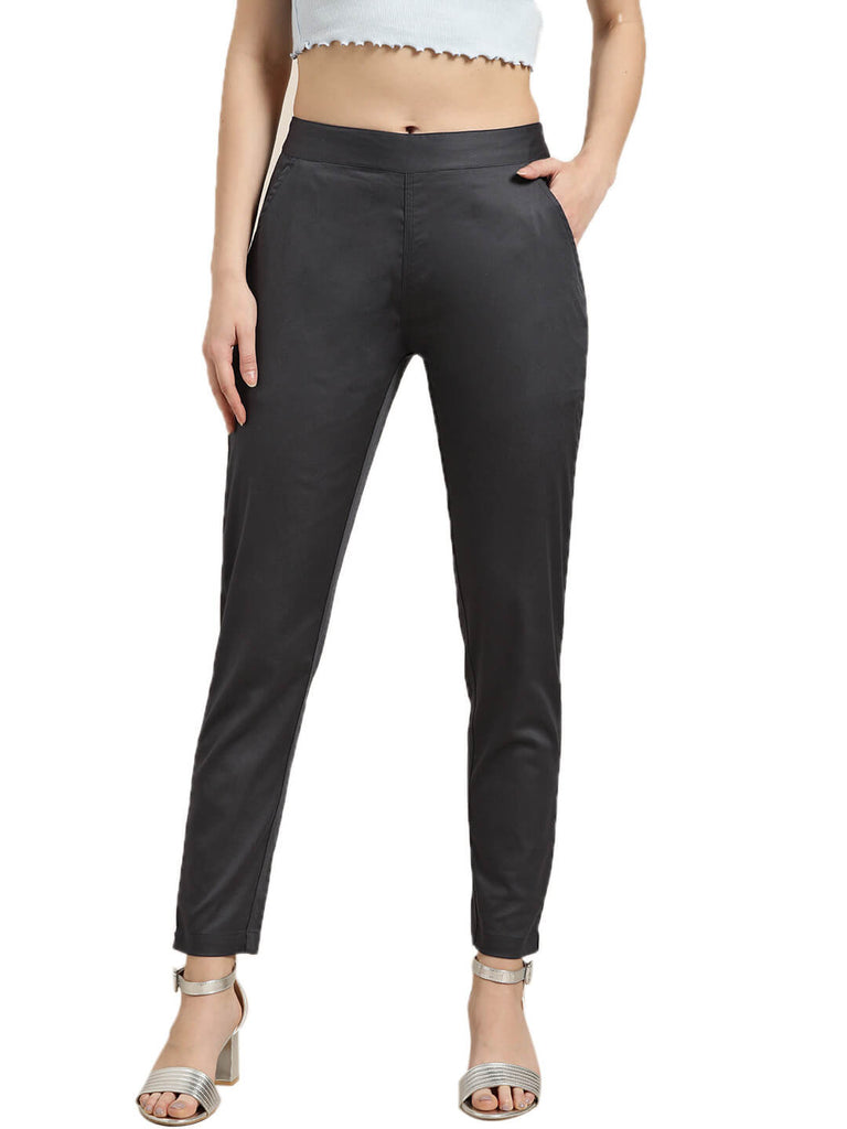 Shop Charcoal Grey Solid Cotton Lycra Pants