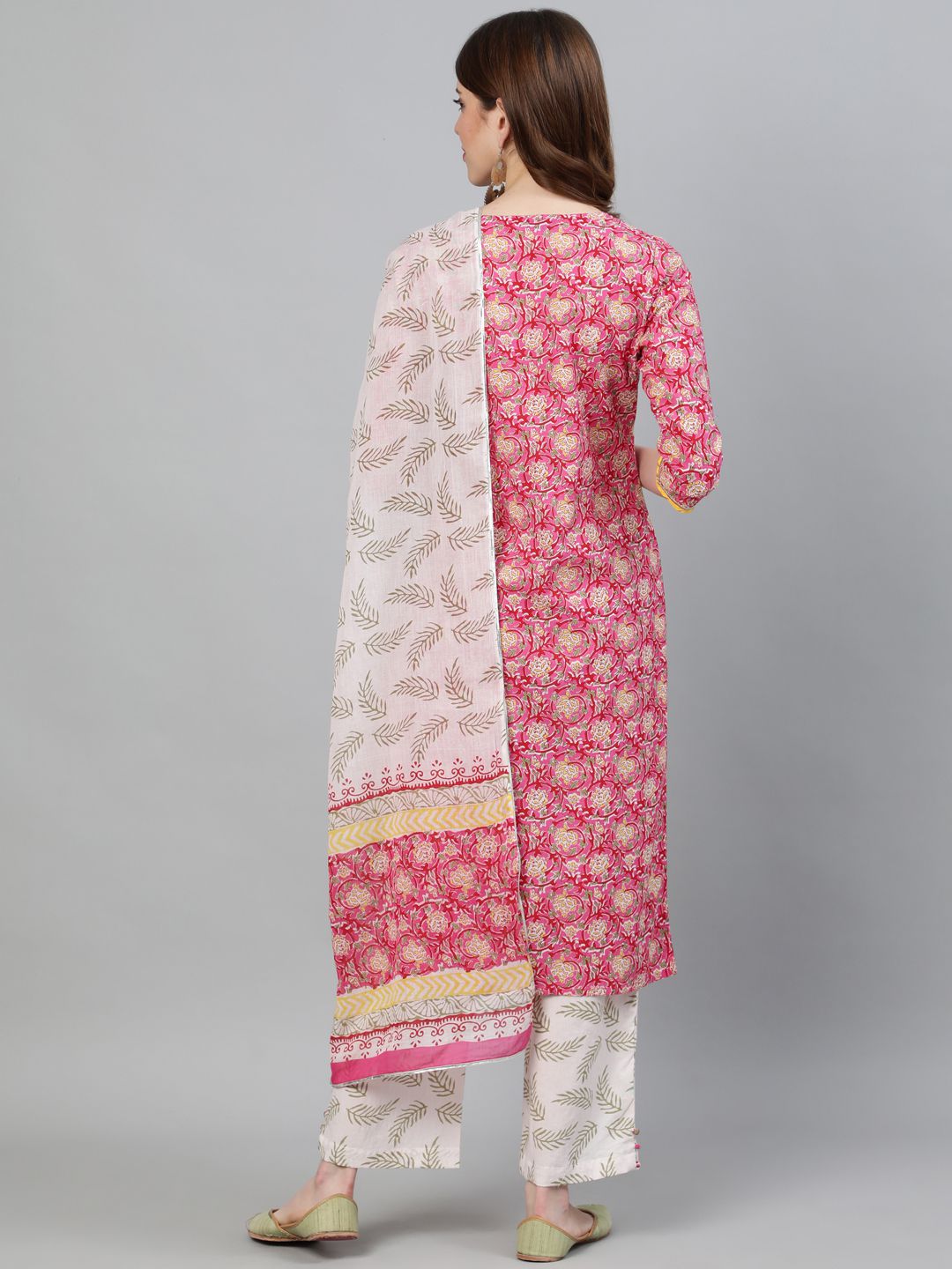 Pink Ethnic Print Straight Cotton Kurta With Palazzos & Dupatta