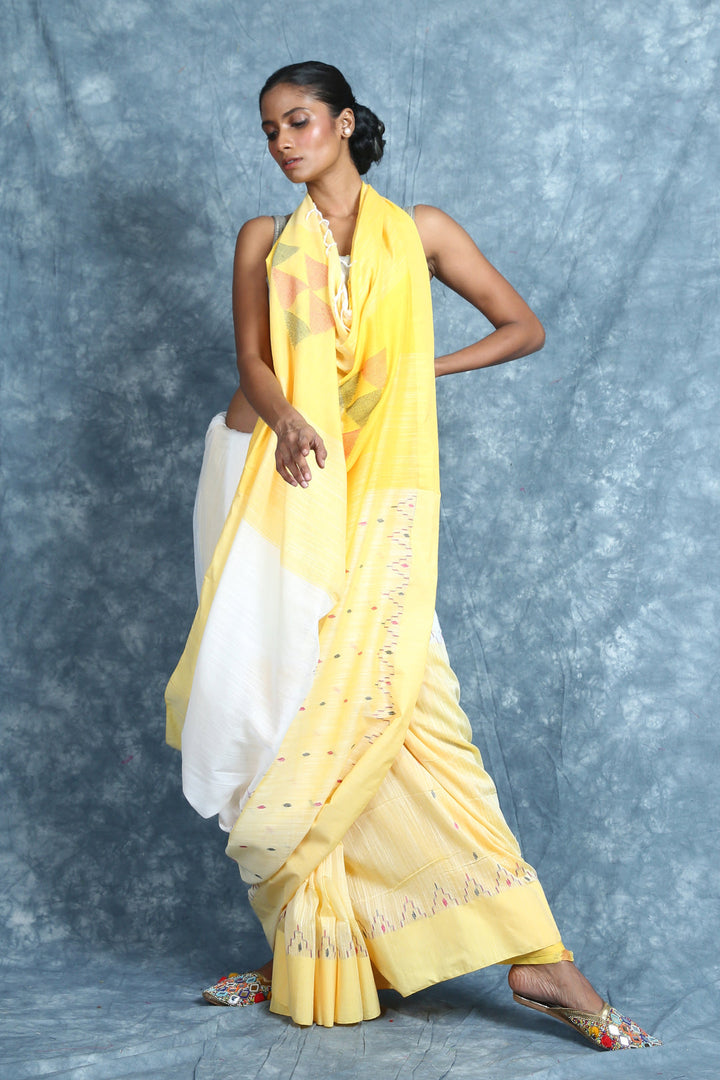 Temple Design White & Yellow Cotton Saree freeshipping - Charukriti