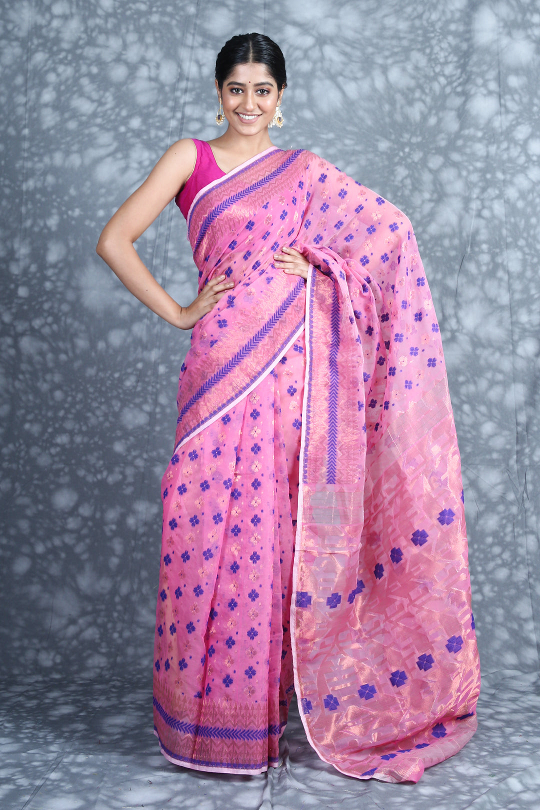 CHARUKRITI Golden Zari Weaving Pink Jamdani Saree with Unstitched Blouse