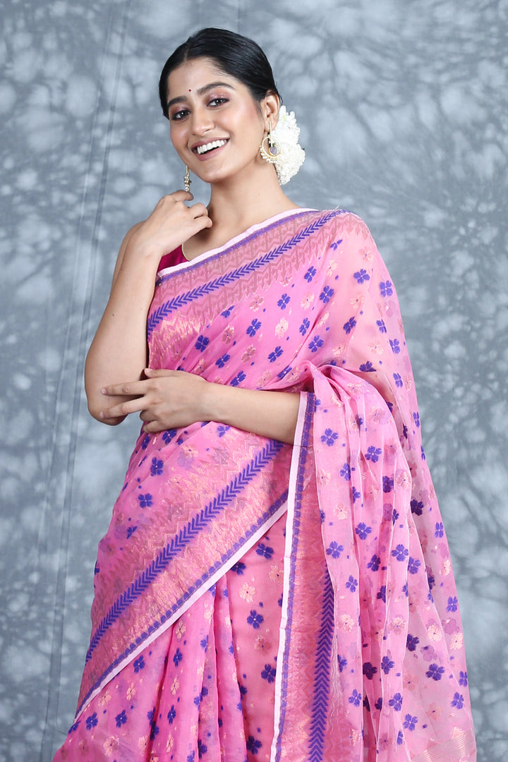 CHARUKRITI Golden Zari Weaving Pink Jamdani Saree with Unstitched Blouse