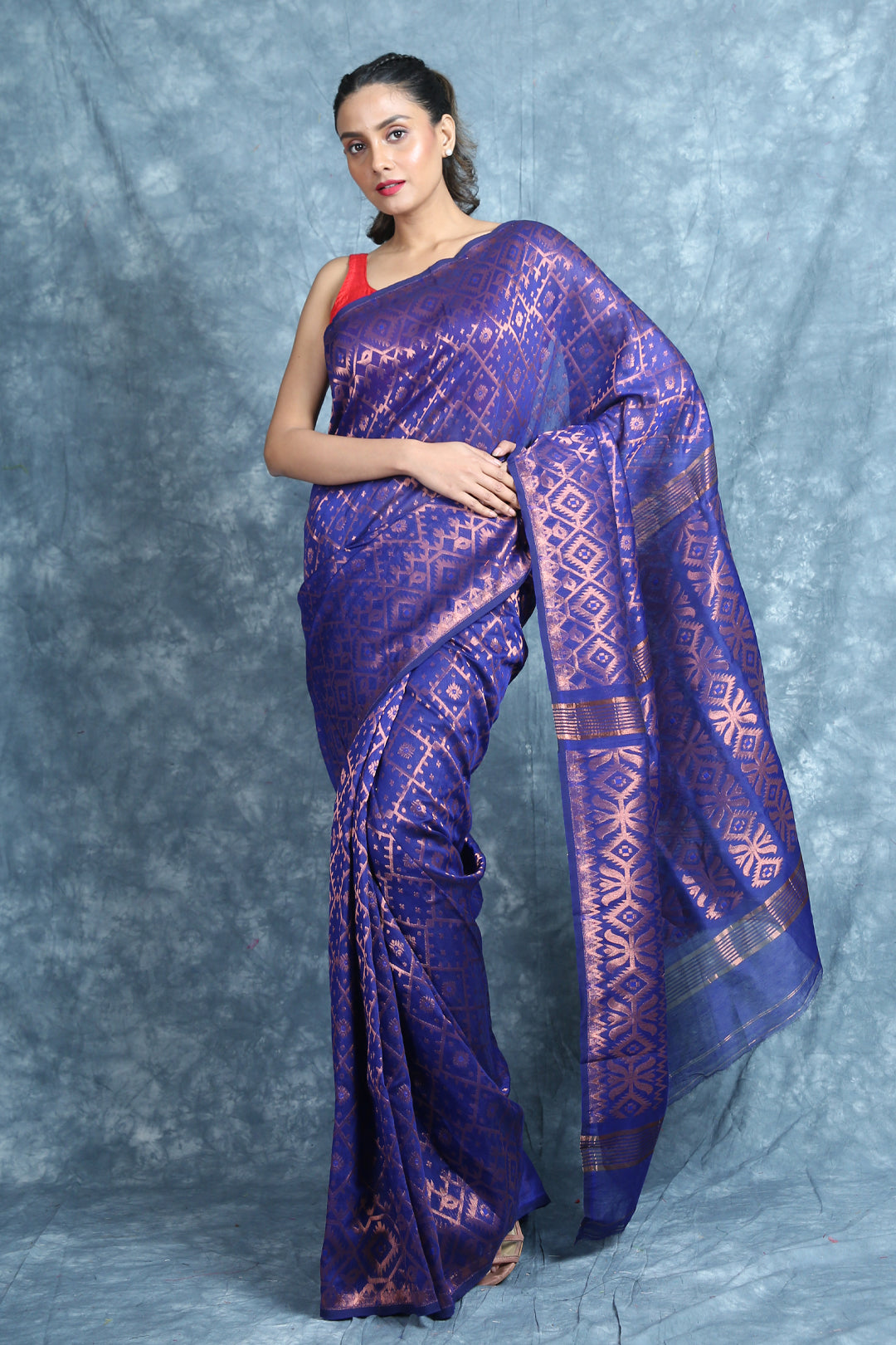 Blue Copper zari Weaving Jamdani Saree freeshipping - Charukriti