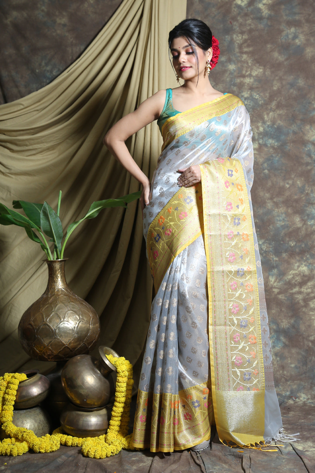 CHARUKRITI Steel Grey Tissue with Allover Zari Buta Weaving Saree without Blouse