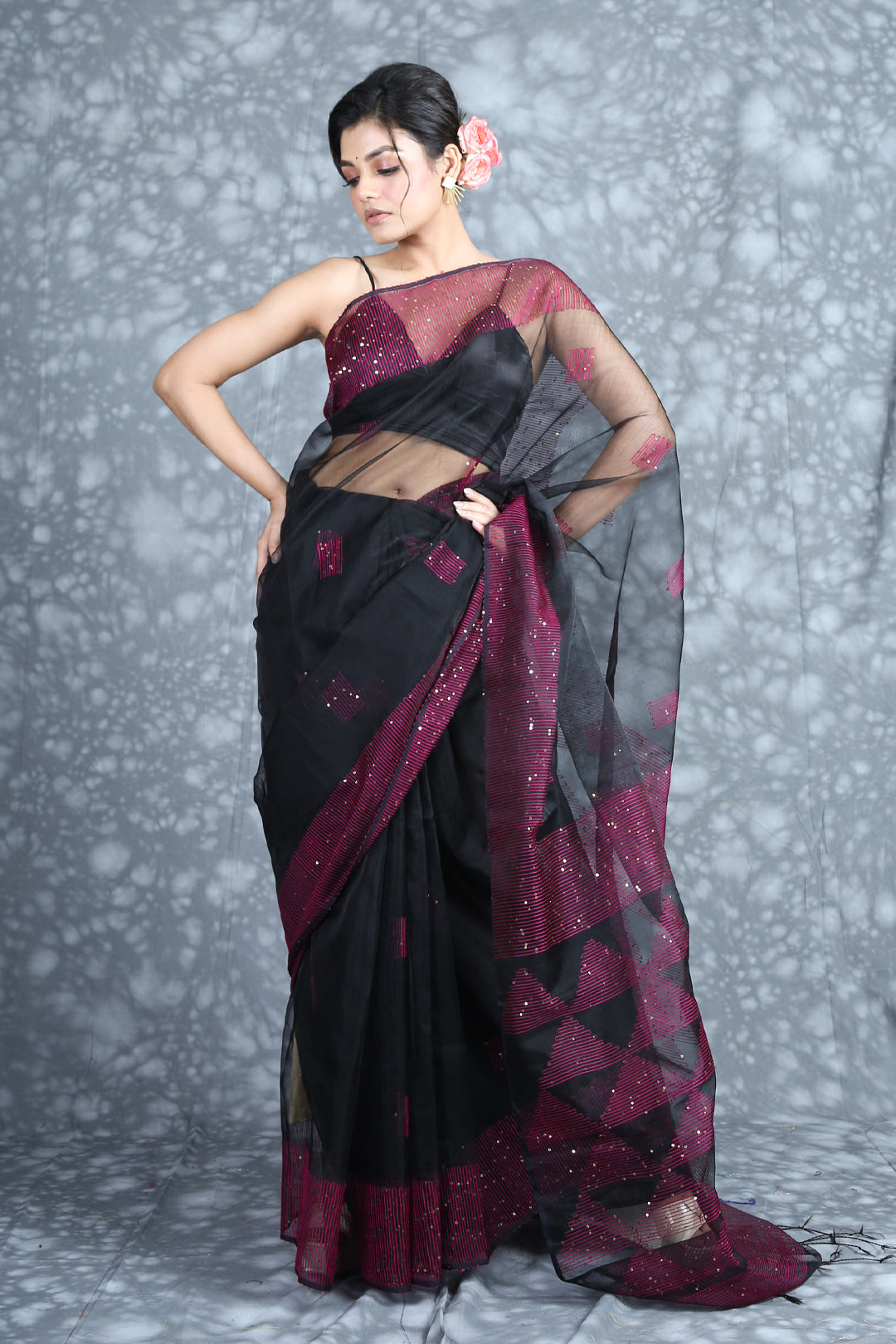 Black Muslin Saree With Sequin Border & Pallu freeshipping - Charukriti