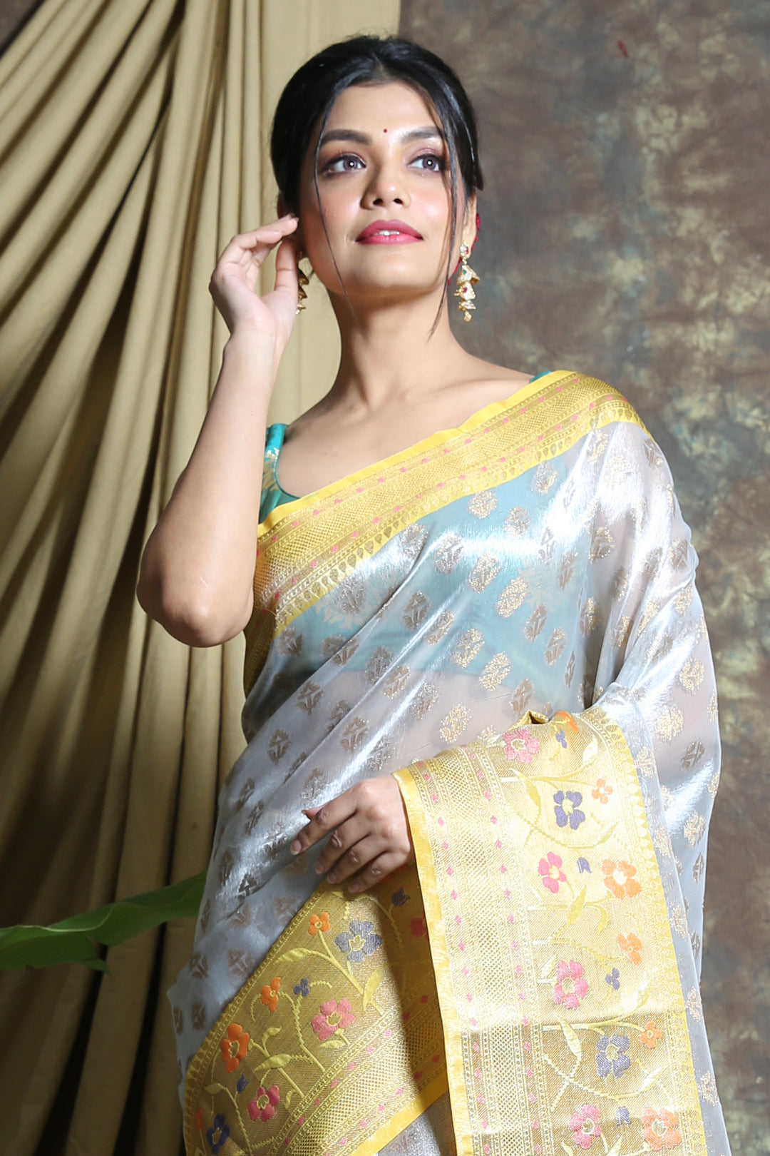 CHARUKRITI Steel Grey Tissue with Allover Zari Buta Weaving Saree without Blouse