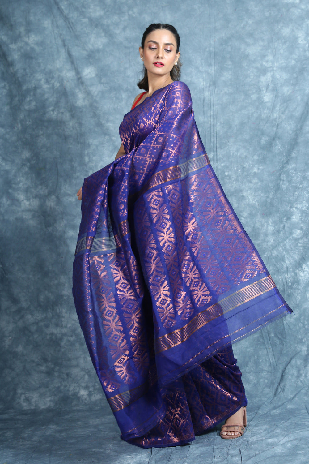 Blue Copper zari Weaving Jamdani Saree freeshipping - Charukriti