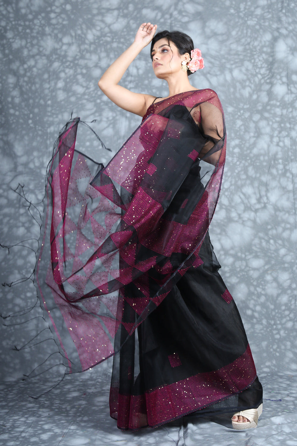 Black Muslin Saree With Sequin Border & Pallu freeshipping - Charukriti