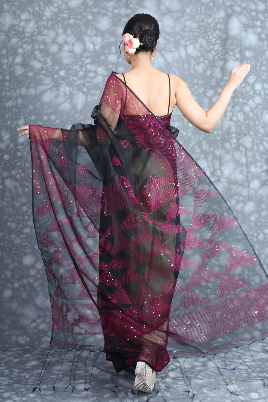 Black Muslin Saree With Sequin Border & Pallu freeshipping - Charukriti