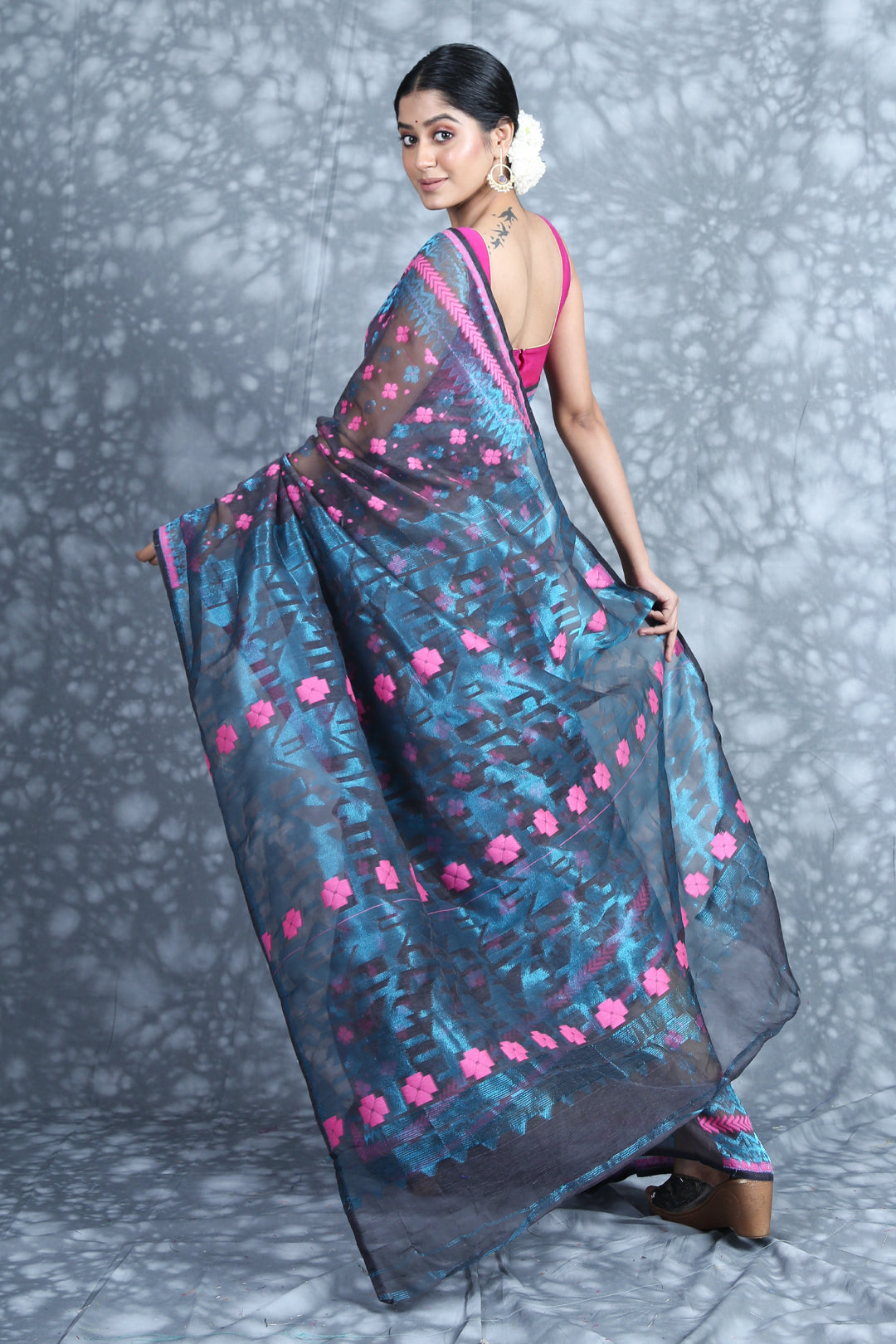 CHARUKRITI Blue Zari Weaving Grey Jamdani Saree with Unstitched Blouse