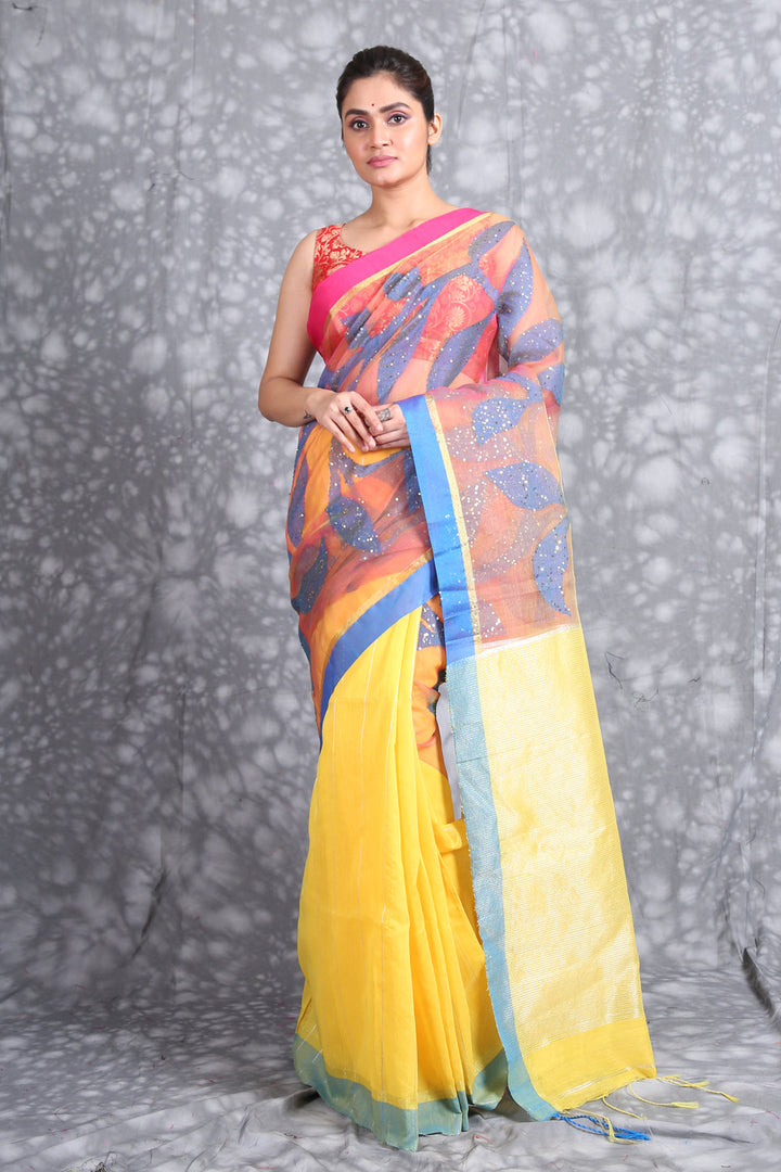 CHARUKRITI Yellow Blue Woven Design Zari Pure Silk Saree with Unstiched Blouse