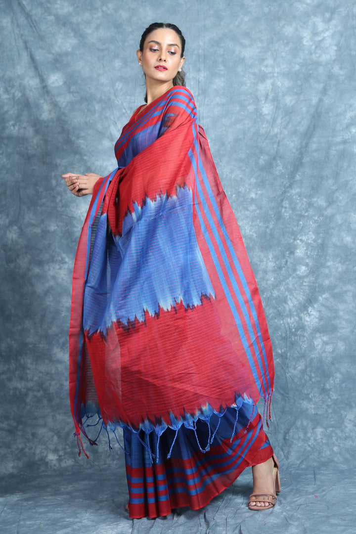 Blue Cotton Saree With Allover Weaving freeshipping - Charukriti