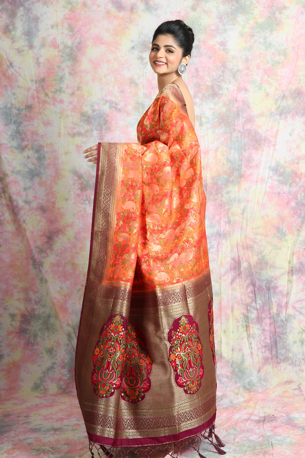 Orange Pashmina Style Saree freeshipping - Charukriti