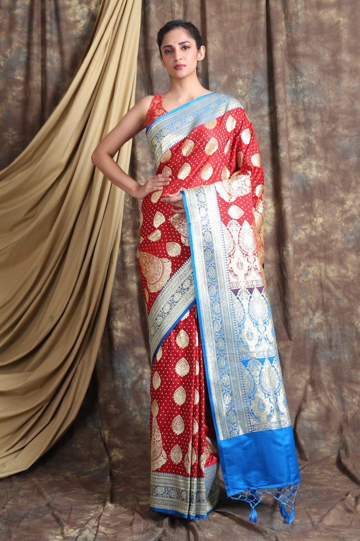 CHARUKRITI Red Blue Woven Design Zari Pure Silk Saree with Unstiched Blouse