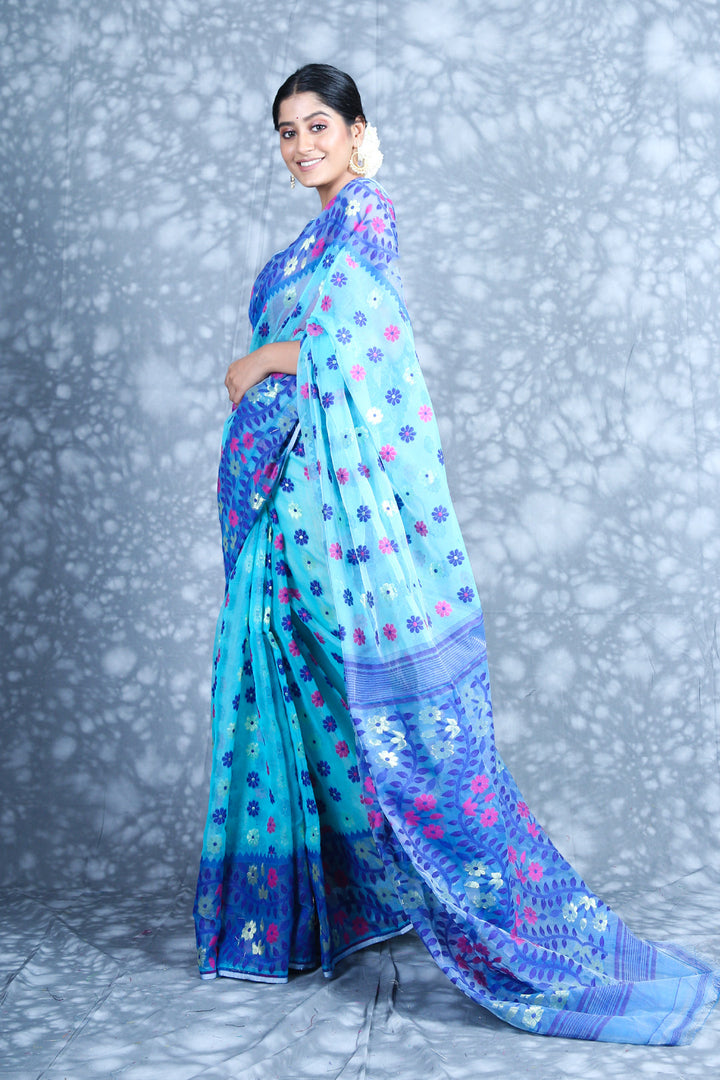 CHARUKRITI Floral Weaving Blue Jamdani Saree with Unstitched Blouse