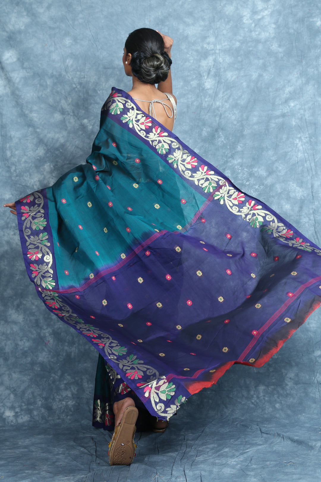 Teal Cotton Saree With Floral Border freeshipping - Charukriti