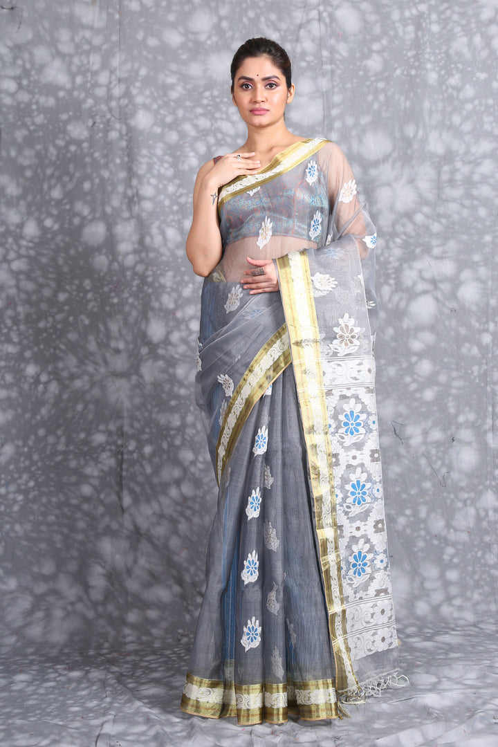 CHARUKRITI Grey Blue Woven Design Pure Silk Saree with Unstiched Blouse