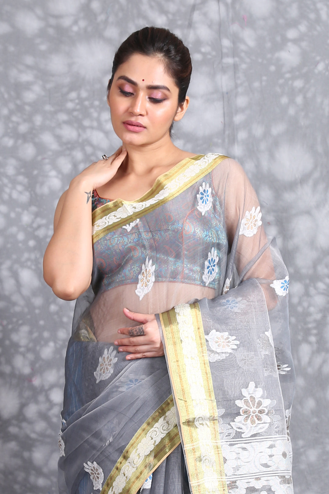 CHARUKRITI Grey Blue Woven Design Pure Silk Saree with Unstiched Blouse