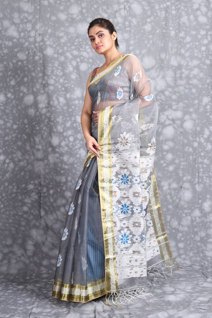 CHARUKRITI Grey Blue Woven Design Pure Silk Saree with Unstiched Blouse