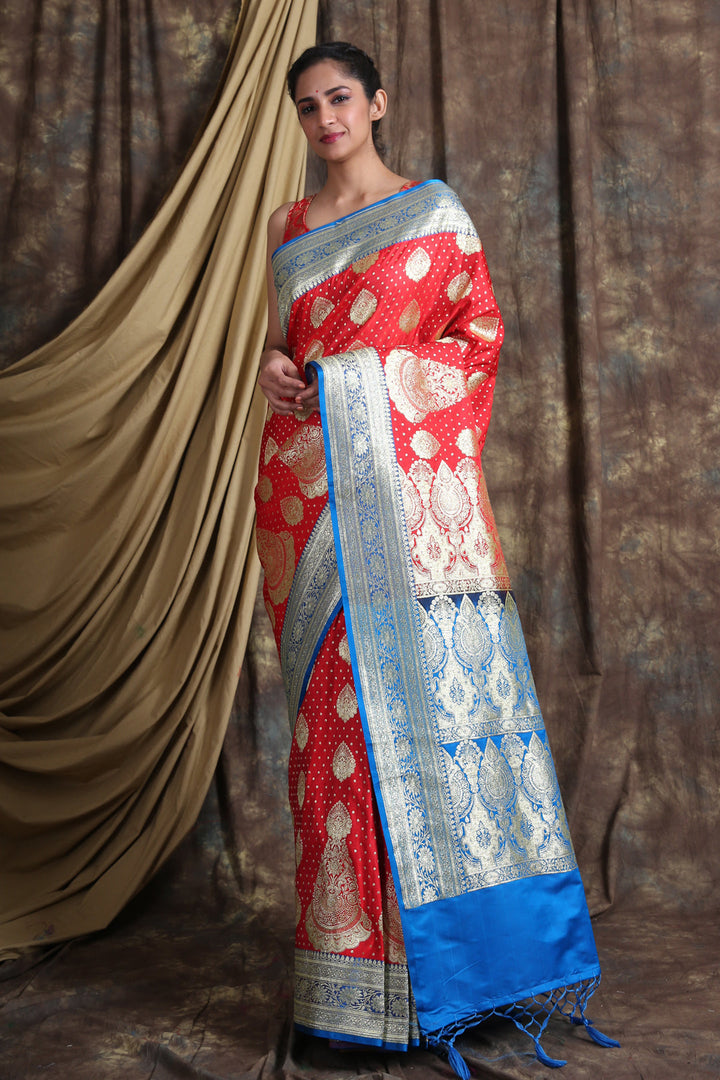 CHARUKRITI Red Blue Ethnic Motifs Zari Pure Silk Banarasi Saree with Unstiched Blouse