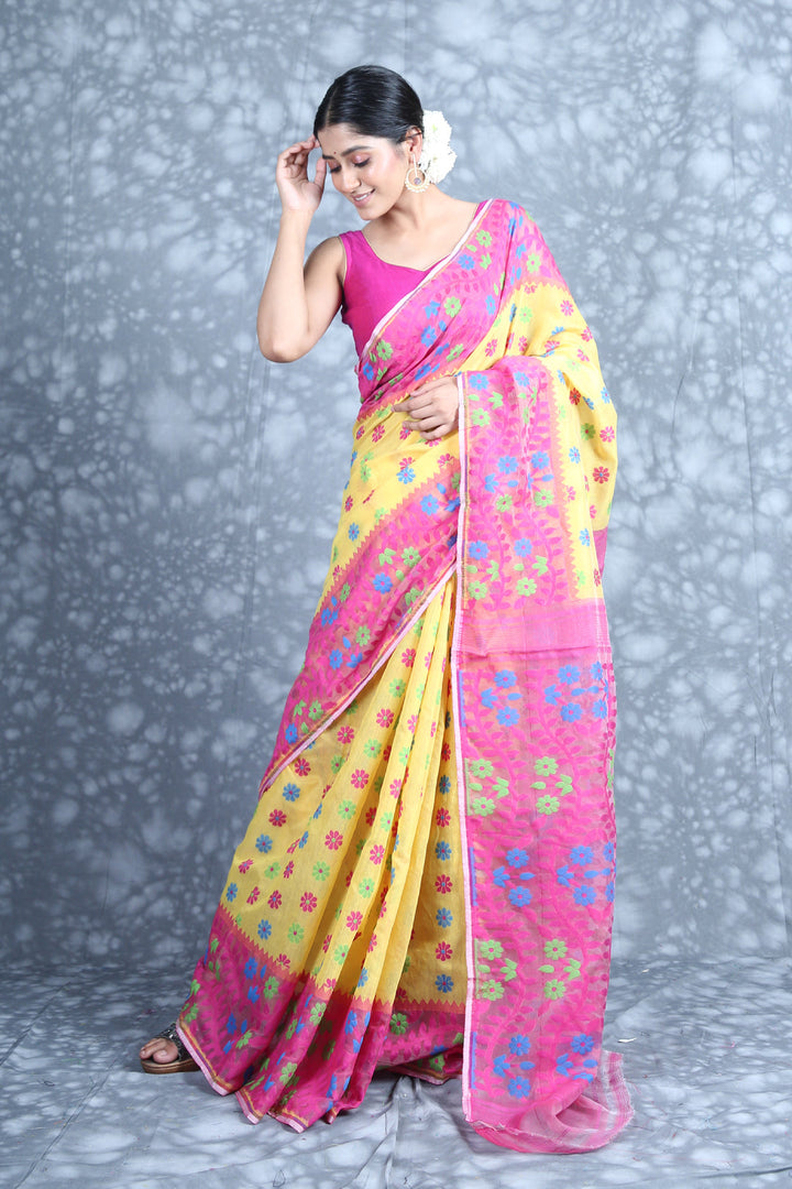 CHARUKRITI Floral Weaving Yellow Jamdani Saree with Unstitched Blouse