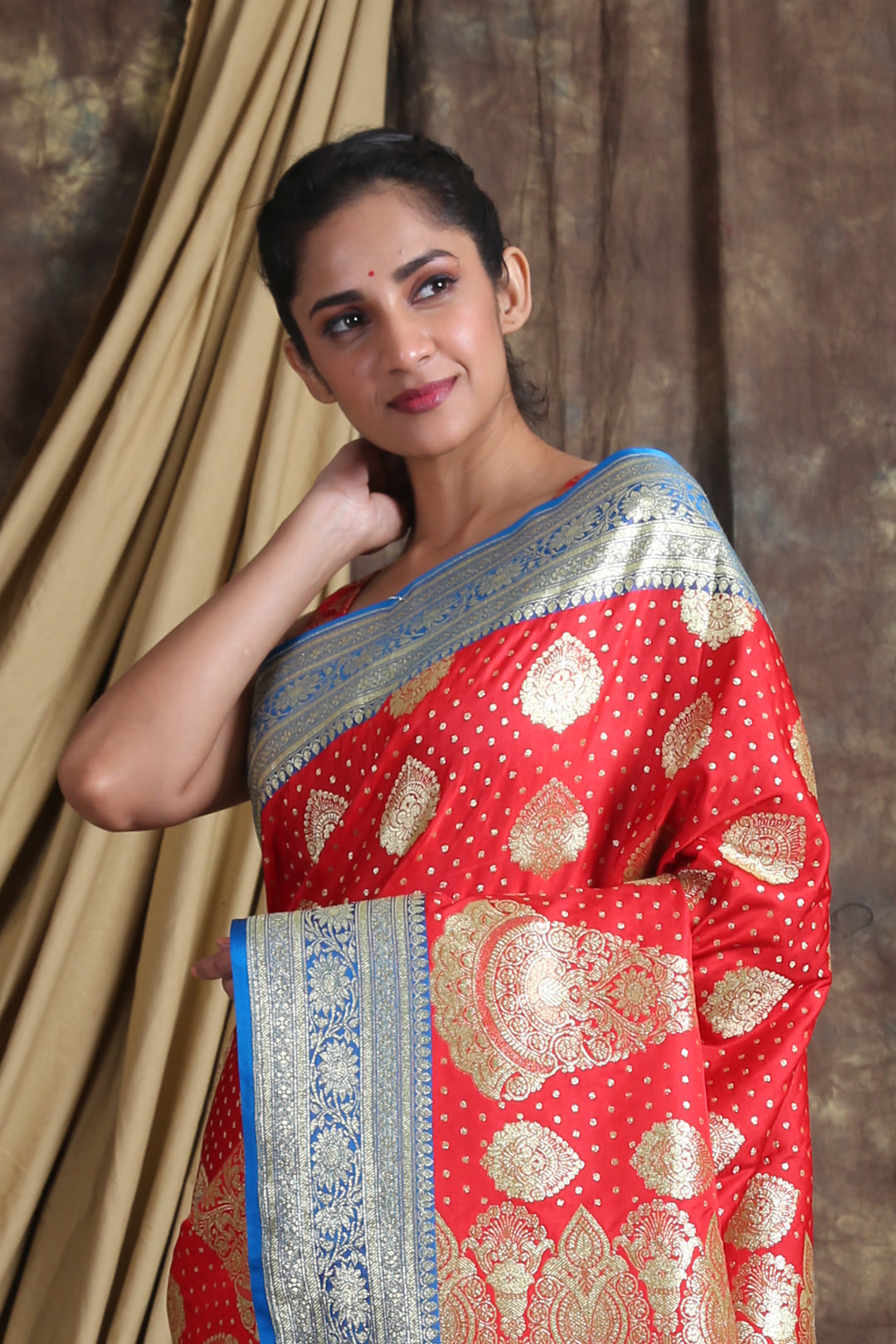 CHARUKRITI Red Blue Ethnic Motifs Zari Pure Silk Banarasi Saree with Unstiched Blouse