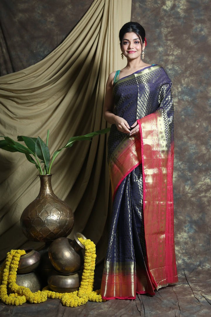 Navy Blue Brocade Banarasi Silk Saree freeshipping - Charukriti